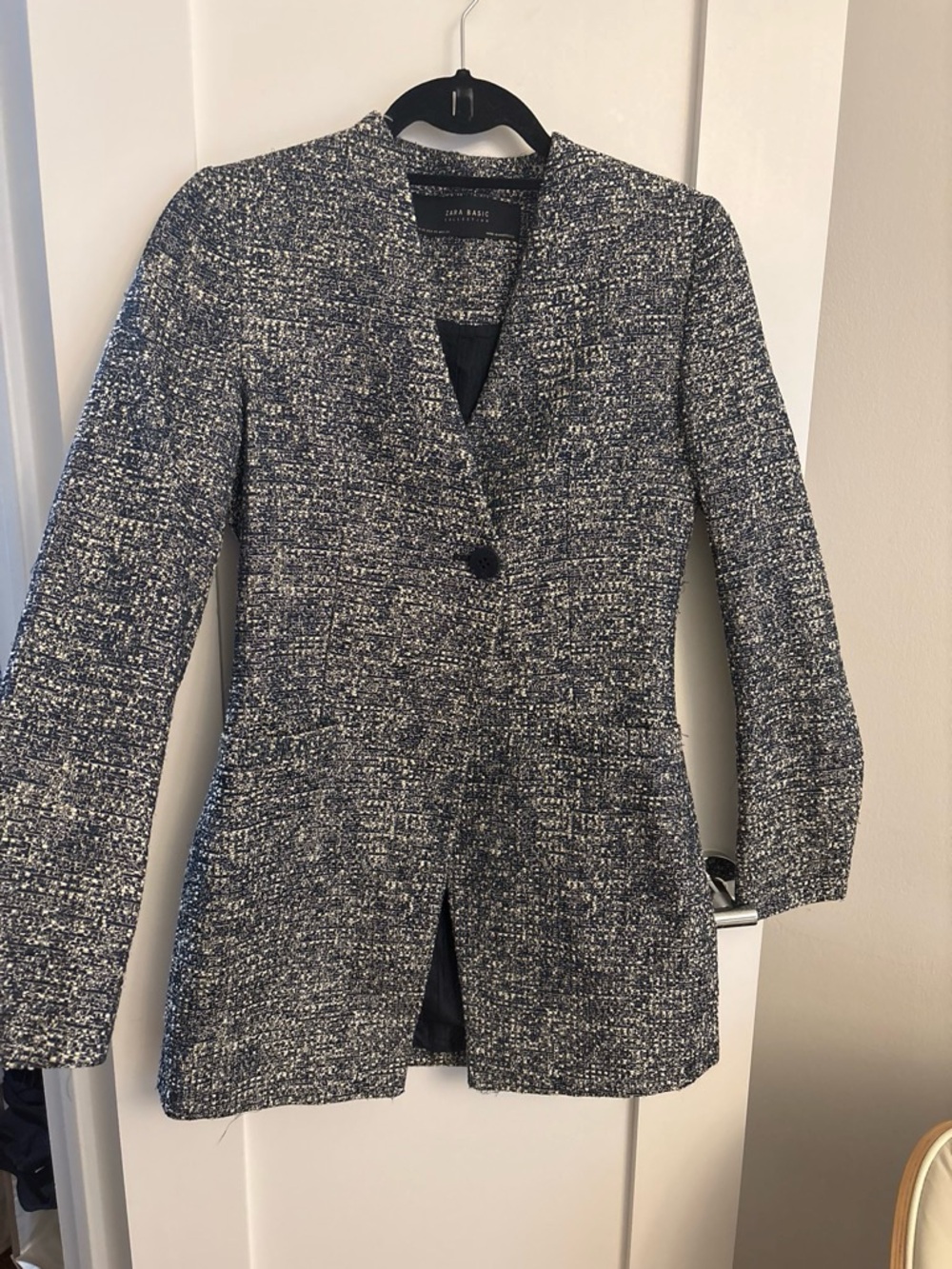 Zara Navy & White Tweed Longline Blazer